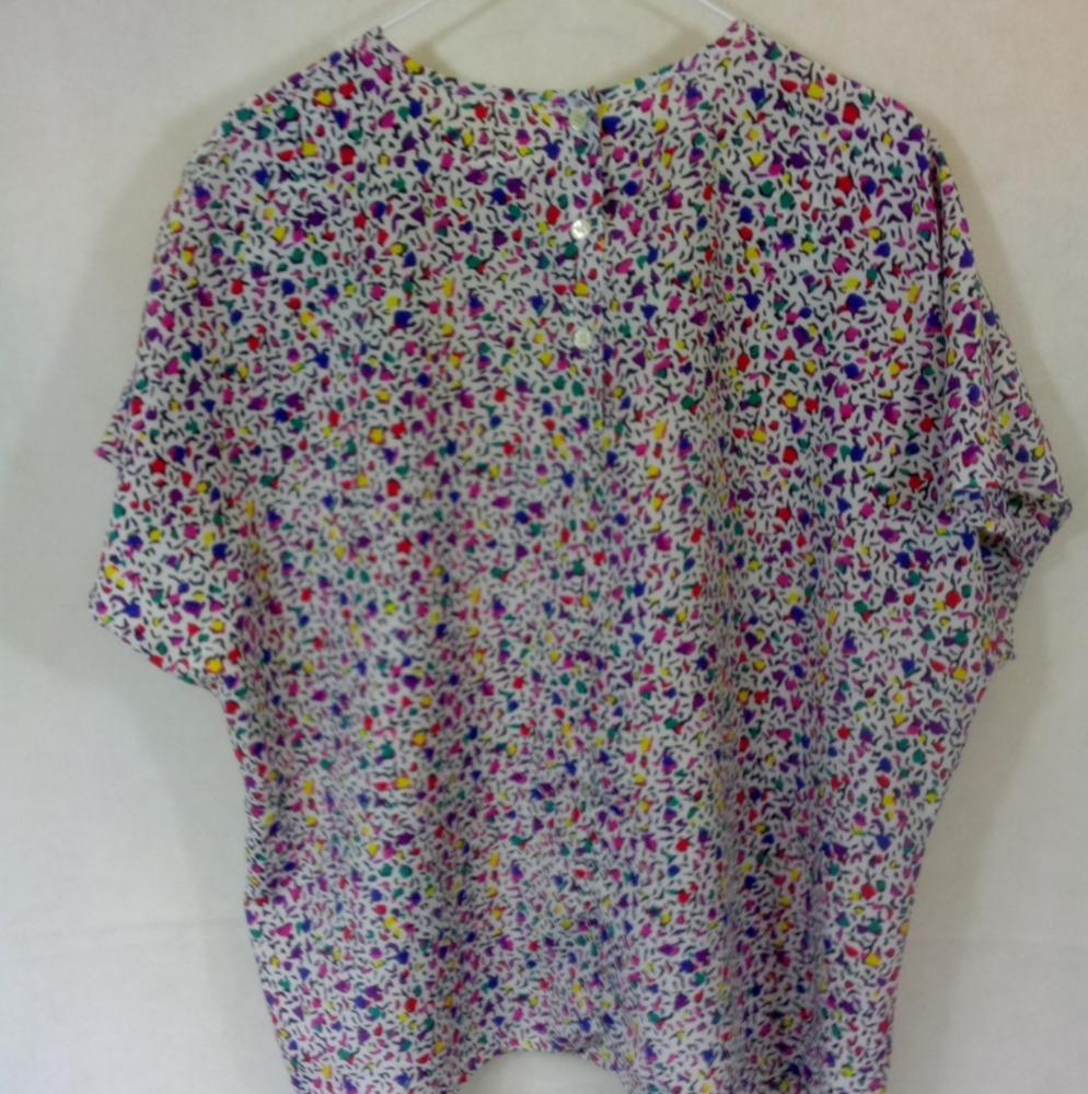 Vintage 80's SS Funky Multi Color Geo Shapes Pullover Crew Neck Blouse Top Shirt - Picture 4 of 6